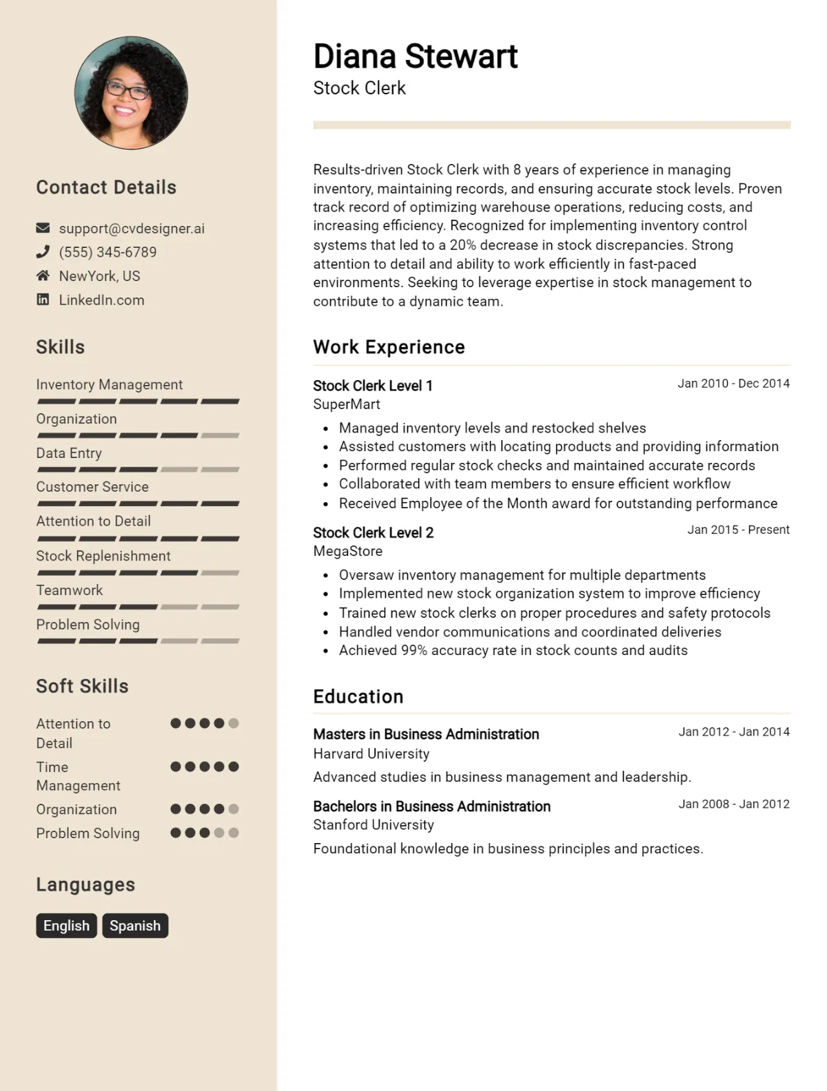 Stock Clerk CV Example For 2026: Examples & Free Templates Preview