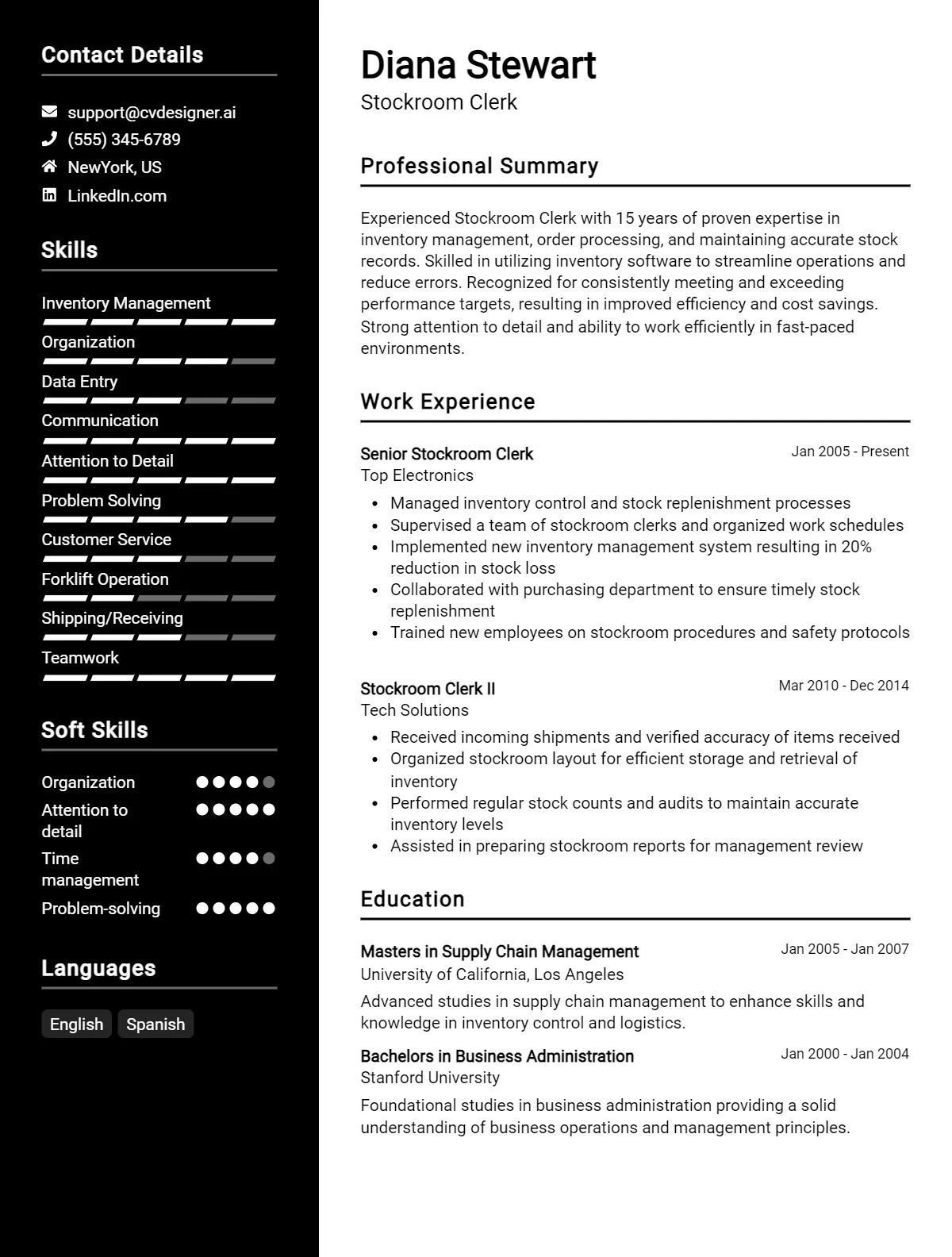 Stockroom Clerk CV Example For 2026: Examples & Free Templates Preview