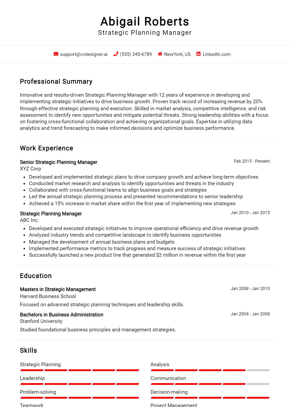 Strategic Planning Manager Resume Example for 2026: Top CV Skills Preview