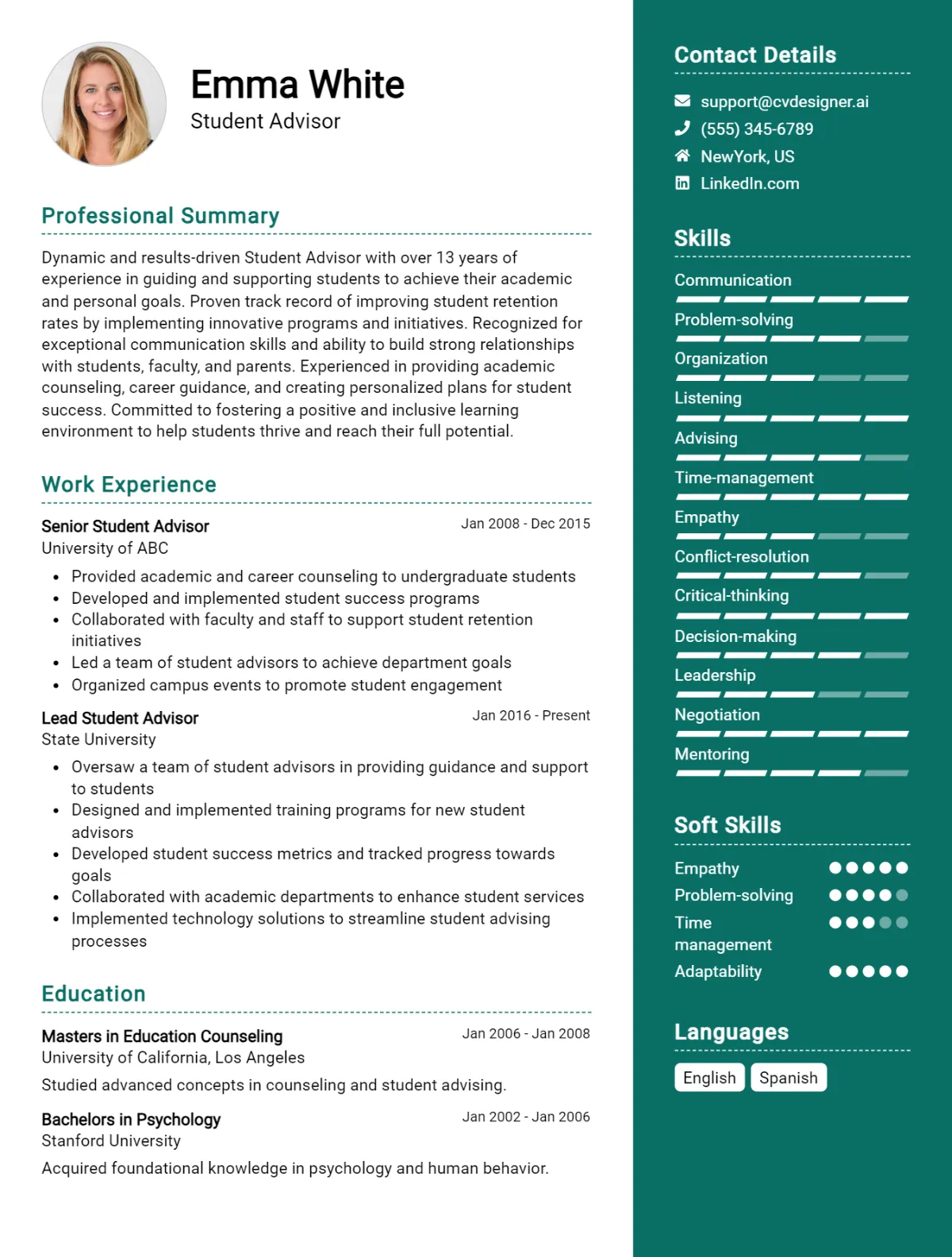 Student Advisor CV Example For 2026: Top CV Skills Preview