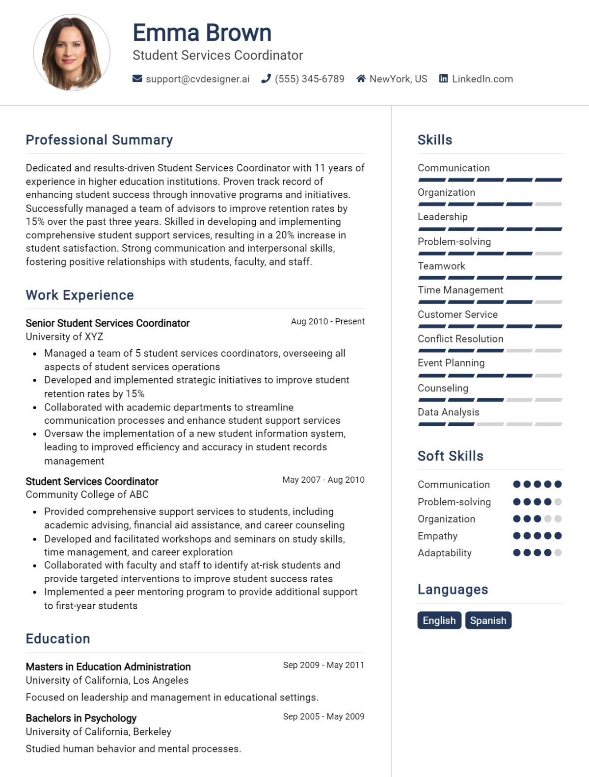 Student Services Coordinator CV Example For 2026: Professional CV Templates Preview