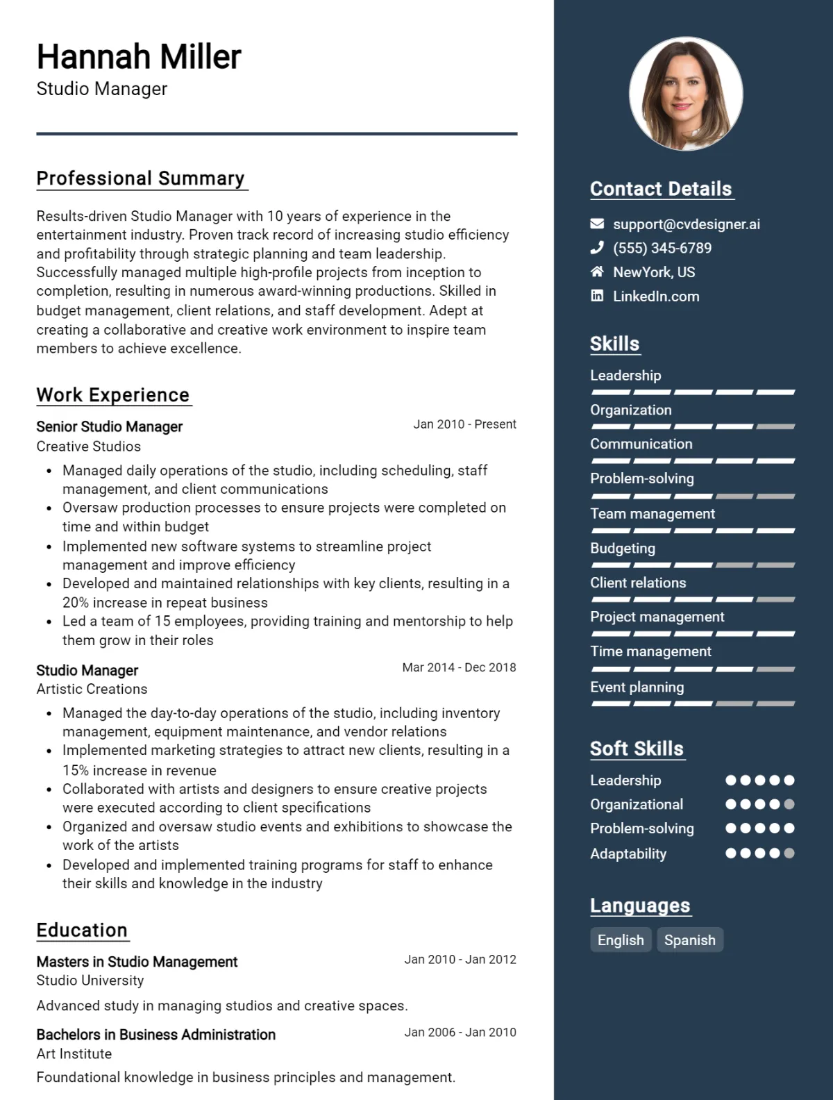 Studio Manager CV Example For 2026: Best Tips & Templates Preview