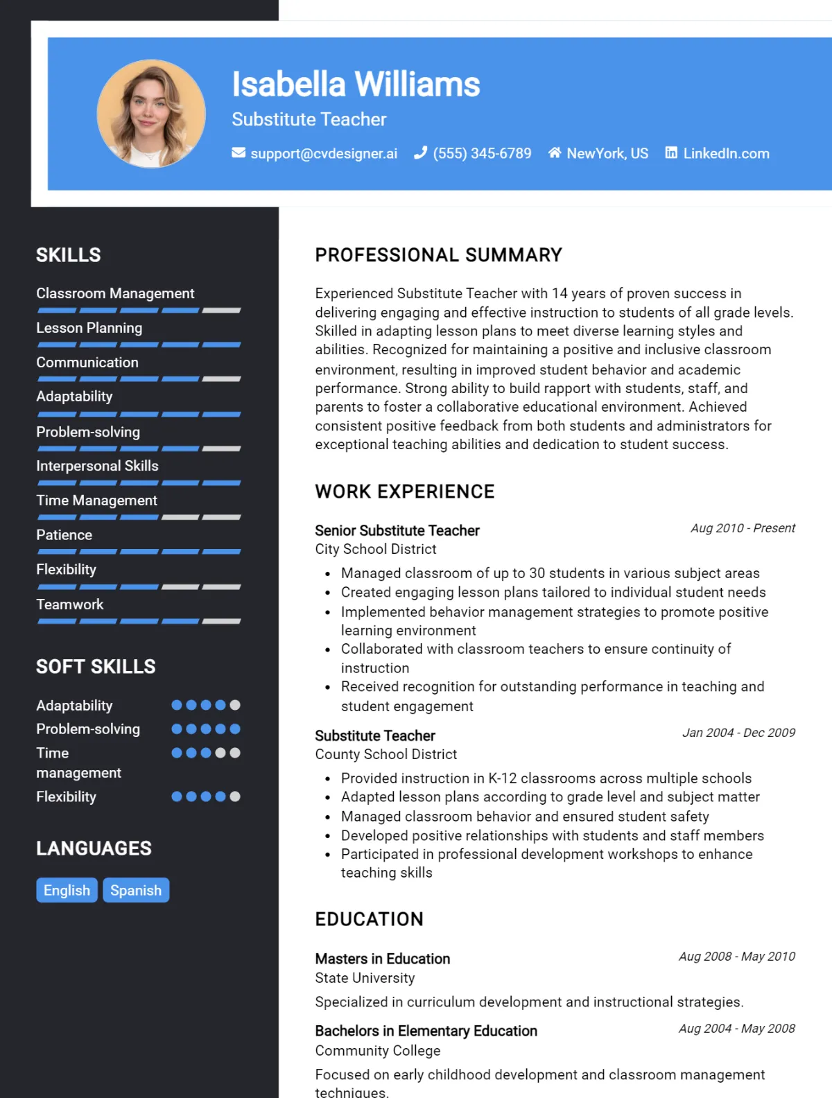Substitute Teacher CV Example For 2026: Free Professional Templates Preview