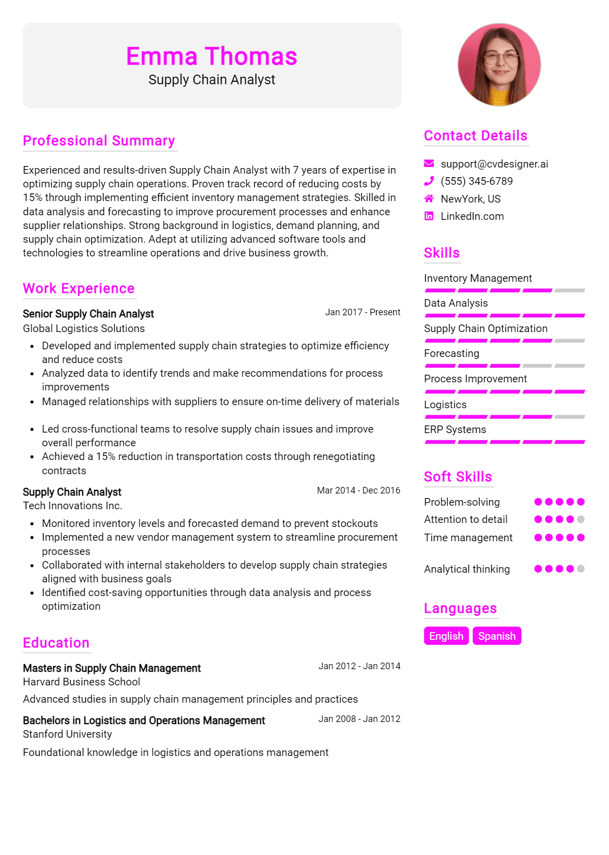 Supply Chain Analyst Resume Example for 2026: Examples & Free Templates Preview