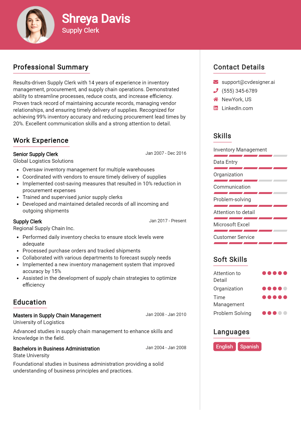 Supply Clerk Resume Example for 2026: Professional CV Templates Preview