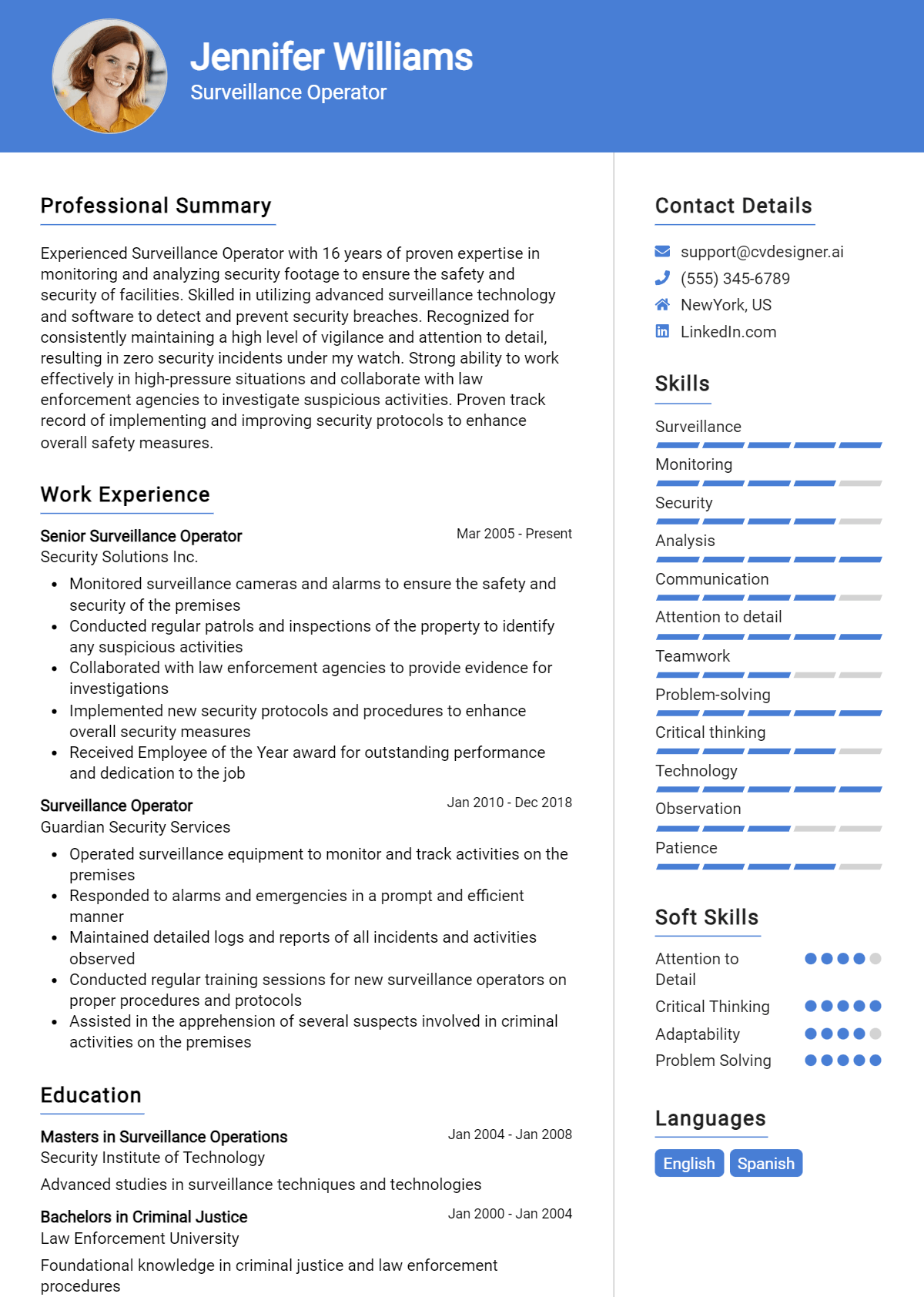 Surveillance Operator Resume Example for 2026: Free Examples Preview