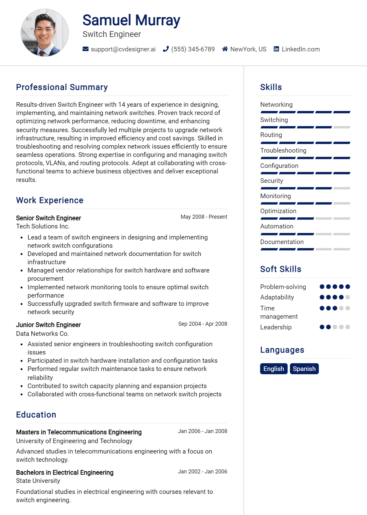 Switch Engineer Resume Example for 2026: Free Examples Preview