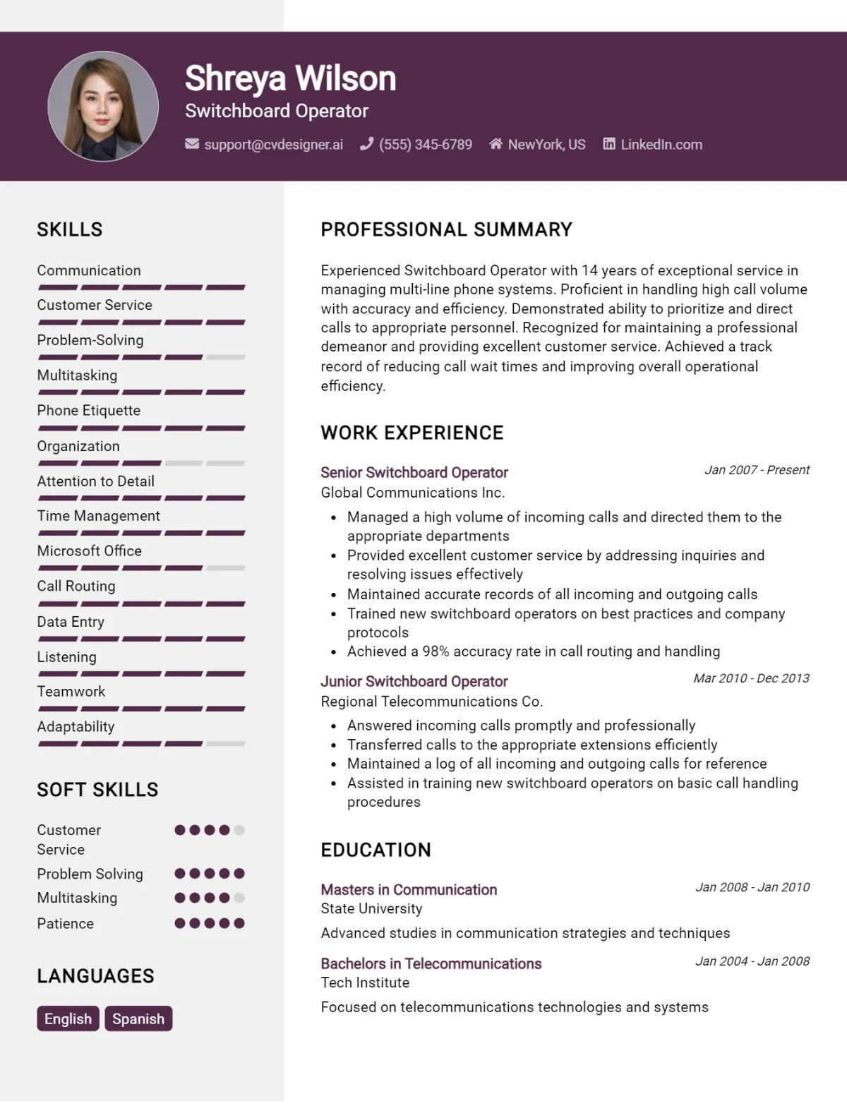 Switchboard Operator CV Example For 2026: Free Professional Templates Preview