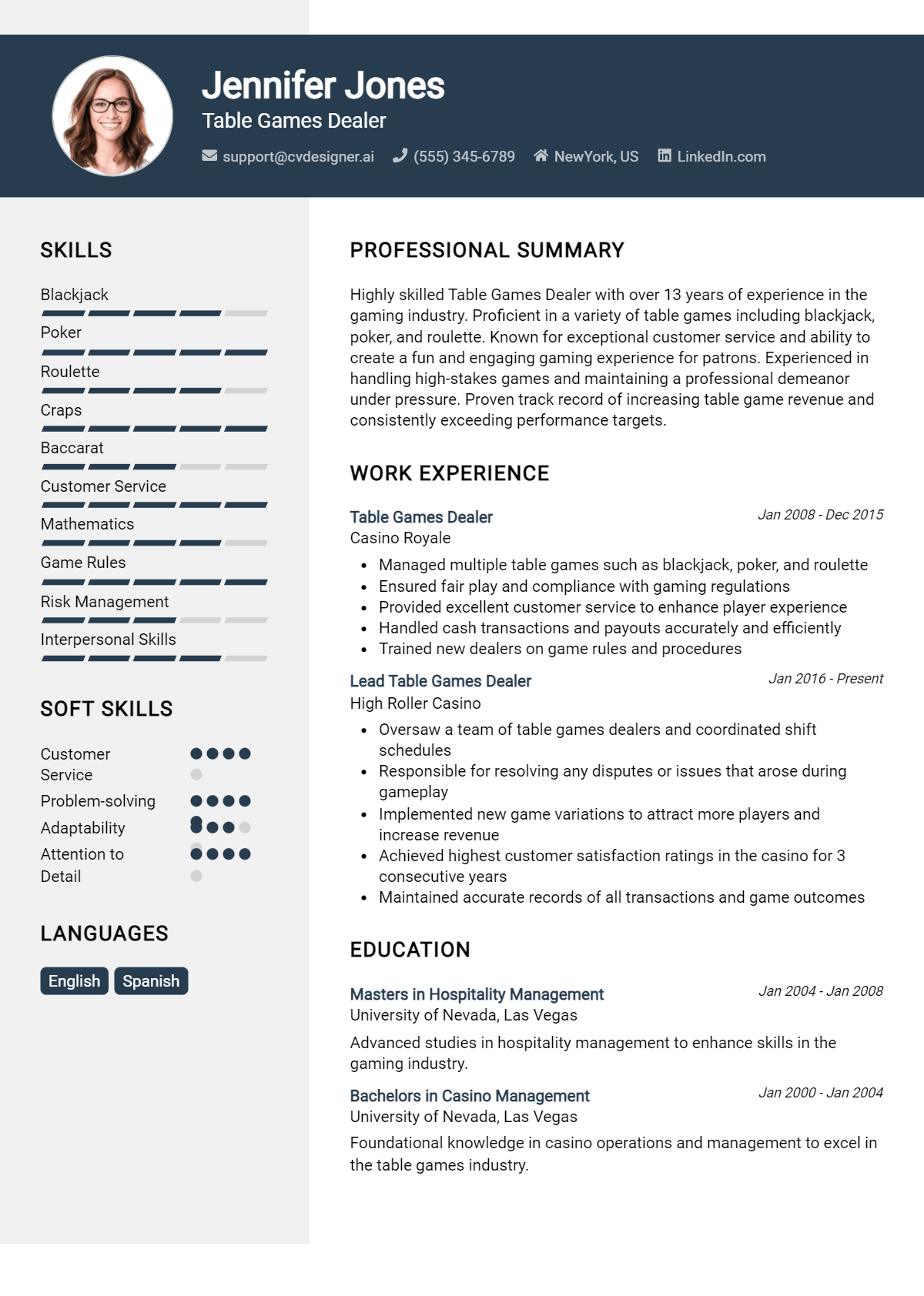 Table Games Dealer Resume Example for 2026: Professional CV Templates Preview