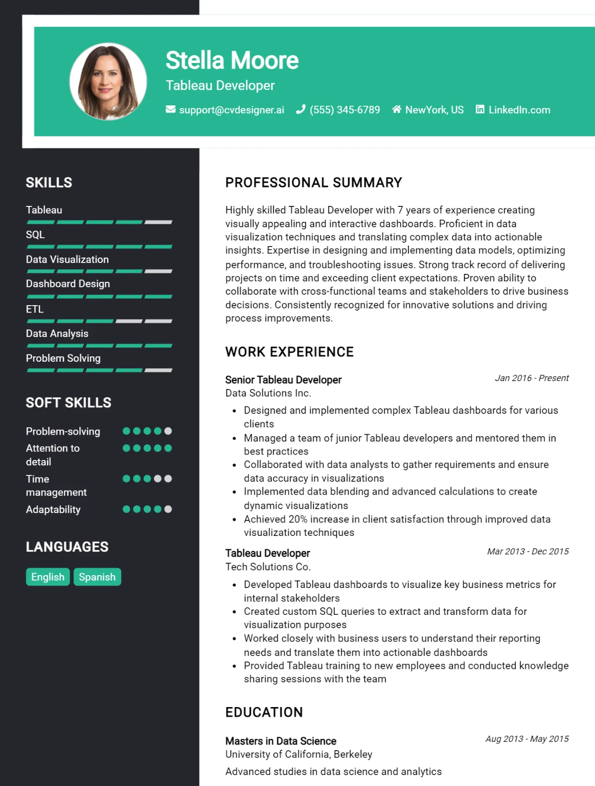 Tableau Developer CV Example For 2026: Expert Tips & Templates Preview