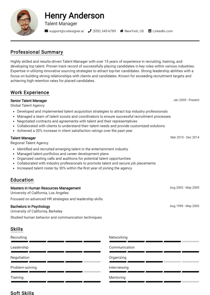 Talent Manager Resume Example