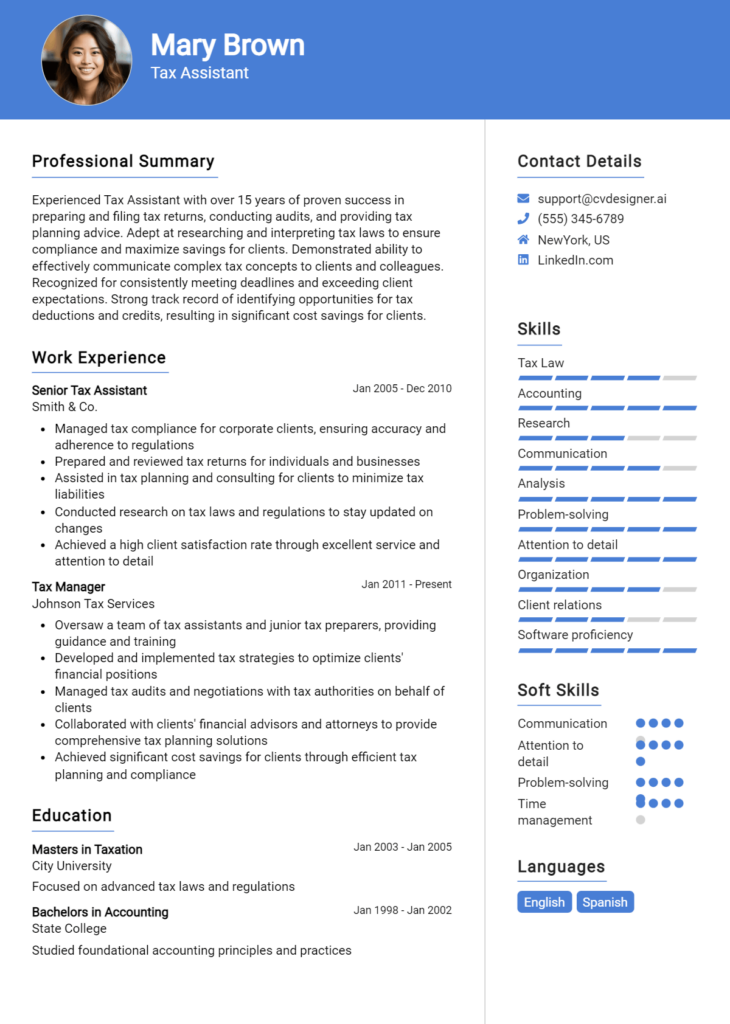 Tax Assistant Resume Example