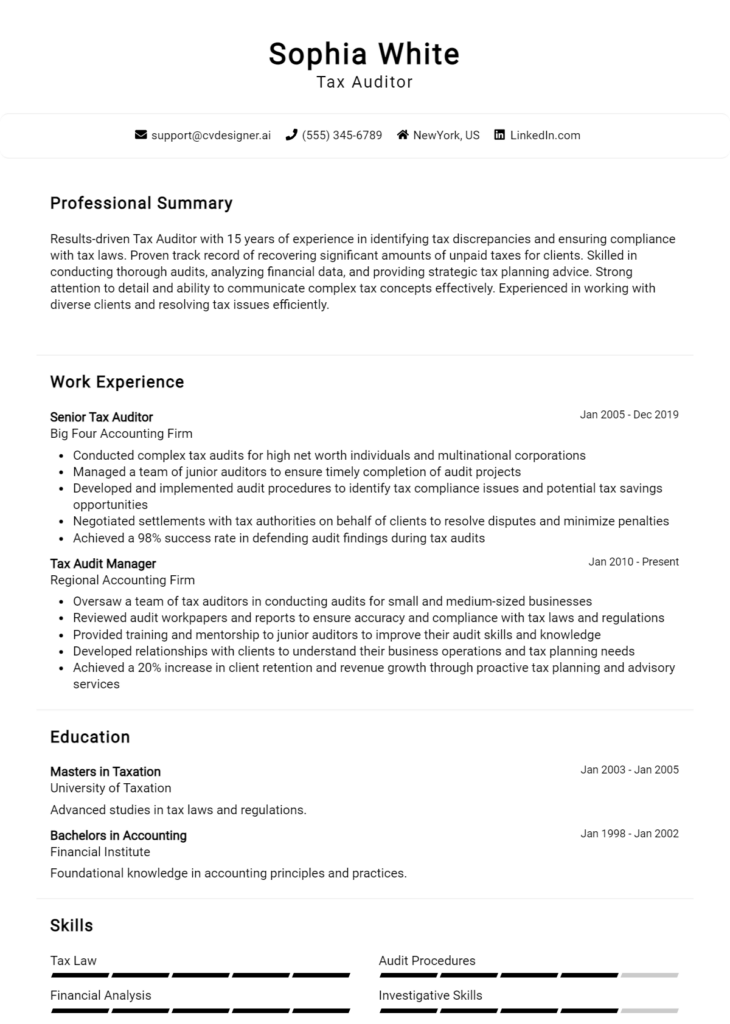 Tax Auditor Resume Example