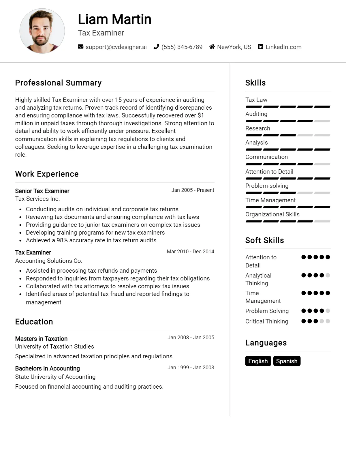 Tax Examiner CV Example & Templates for 2026 Preview