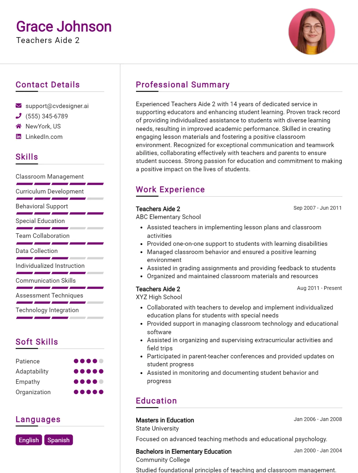 Teachers Aide CV Example For 2026: Examples & Free Templates Preview
