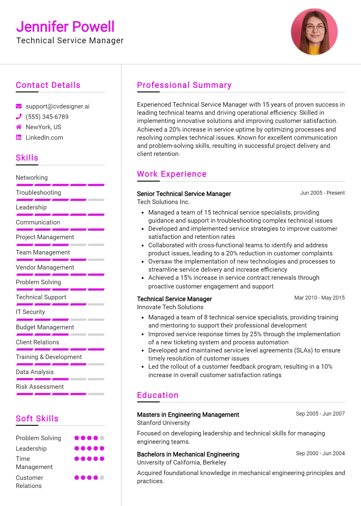 Technical Service Manager Resume Example for 2026: Best Writing Guide Preview
