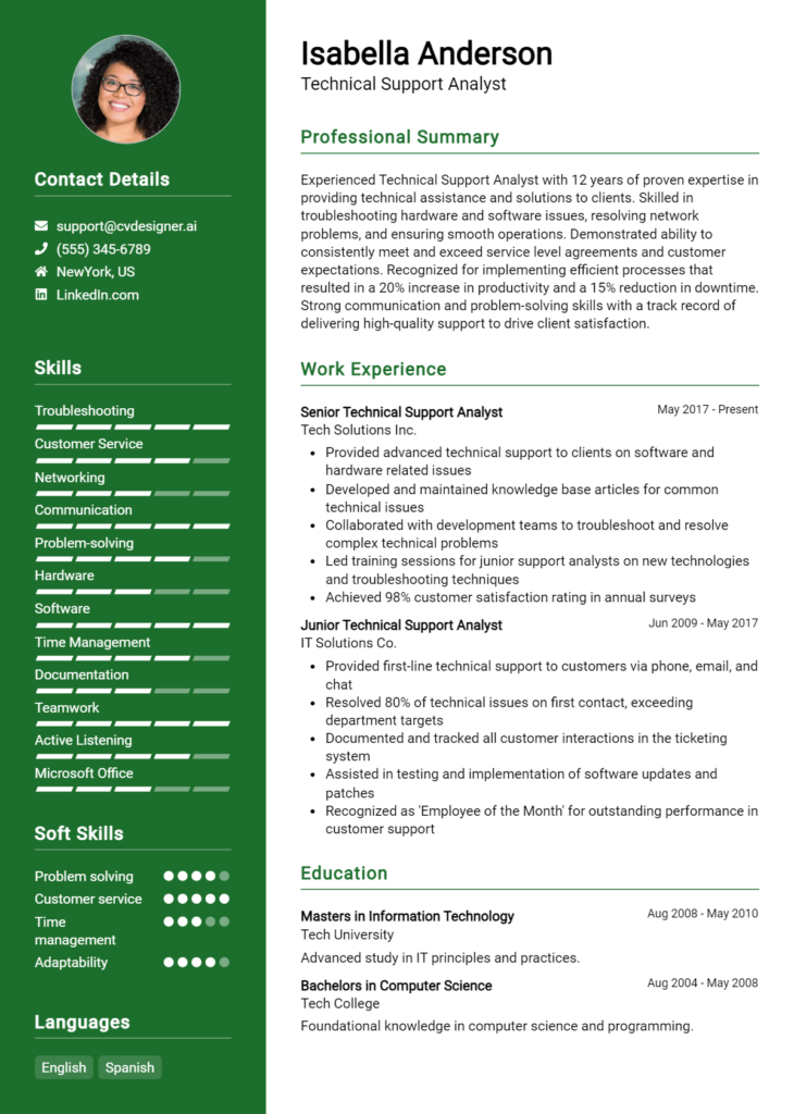 Technical Support Analyst Resume Example