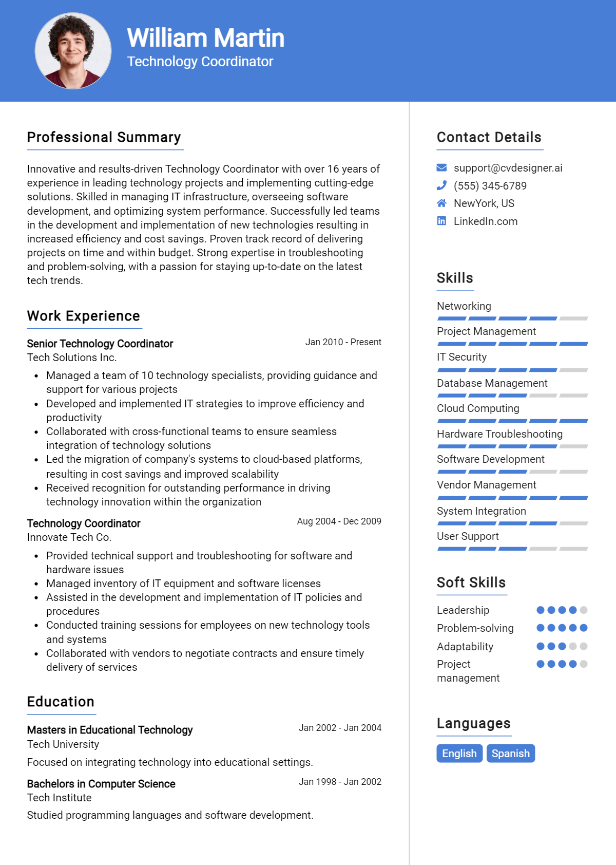 Technology Coordinator Resume Example for 2026: Top CV Skills Preview