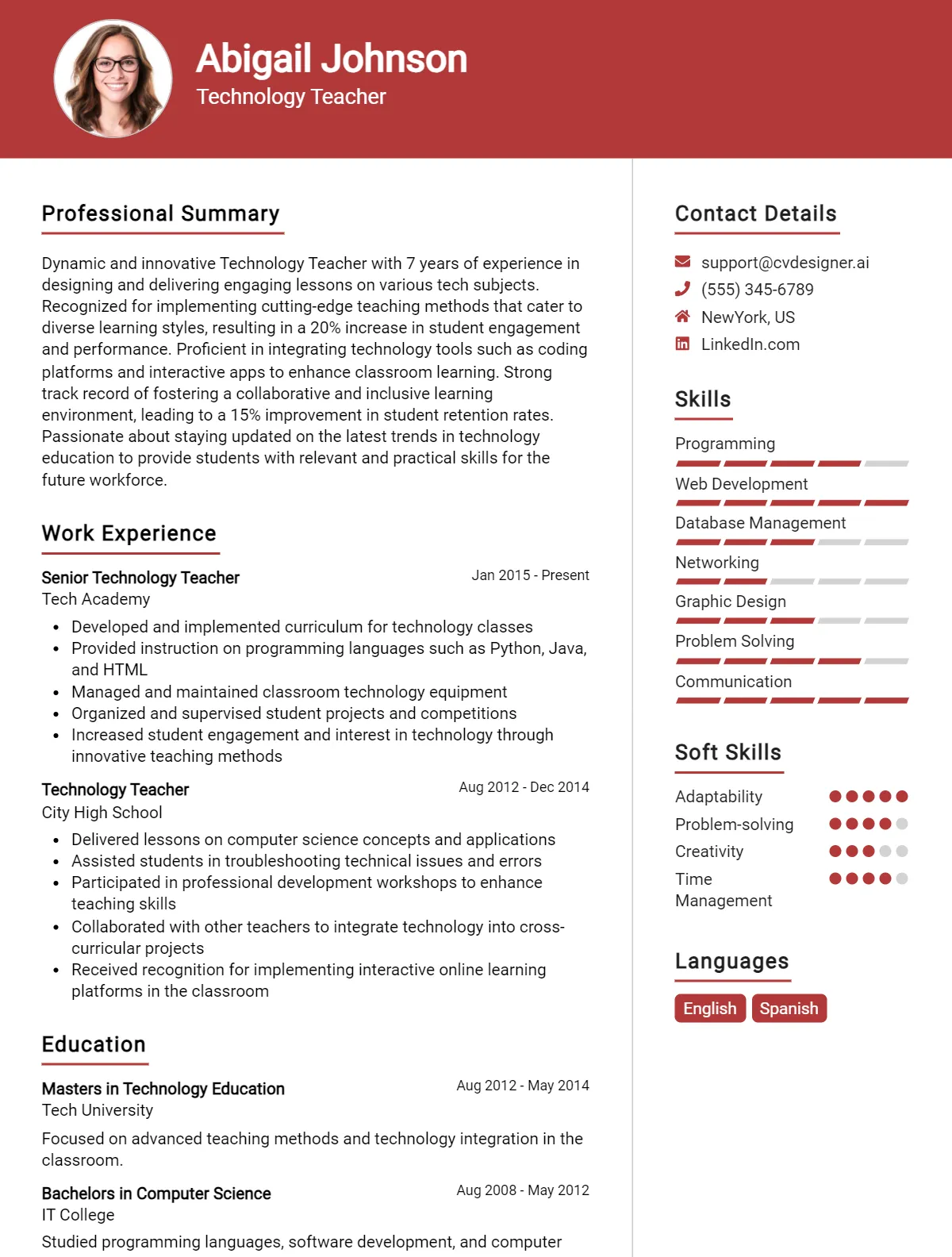 Technology Teacher CV Example For 2026: Free Downloadable Templates Preview