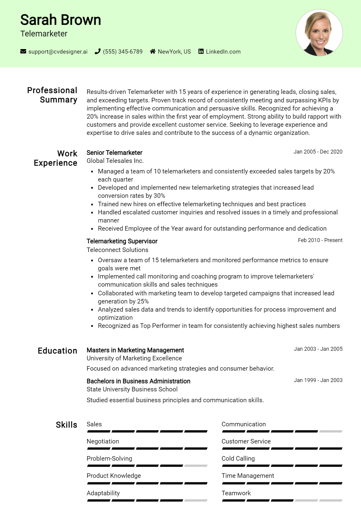 Telemarketer Resume Example for 2026: Free Samples Preview