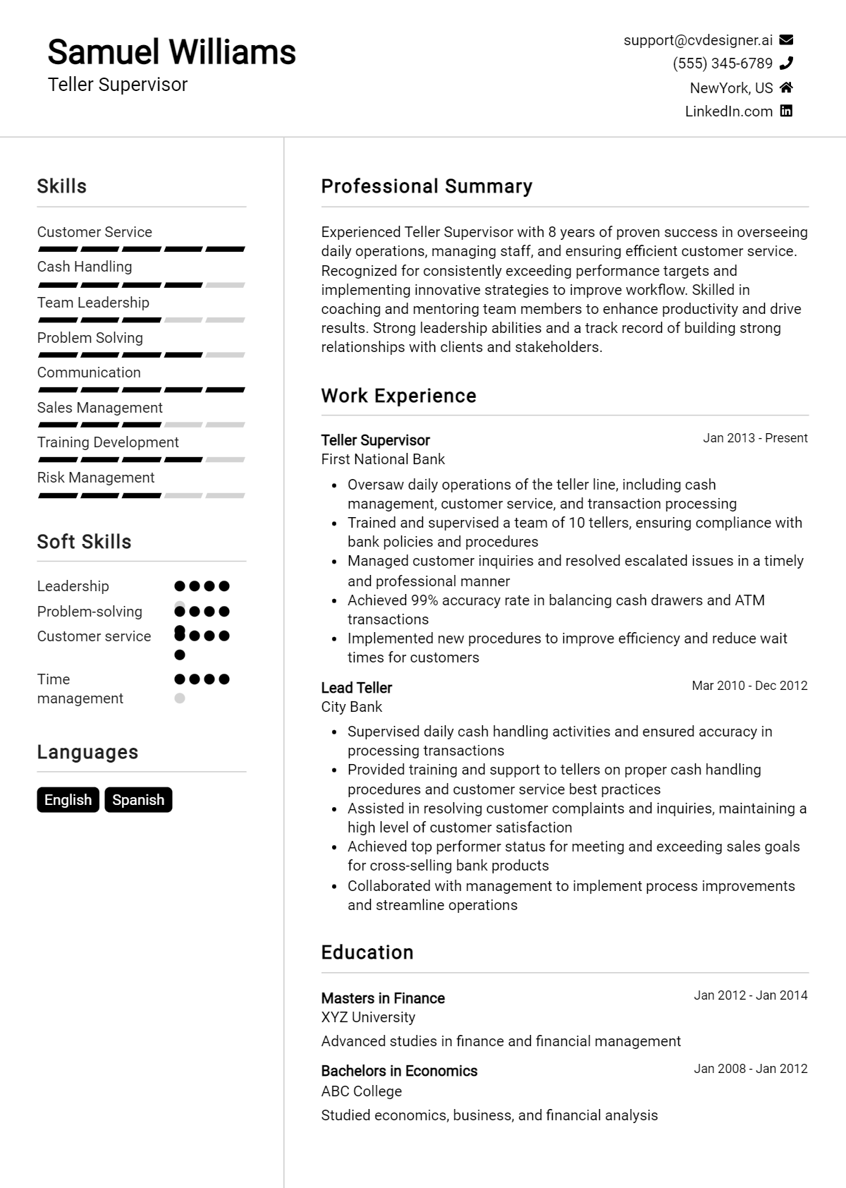Teller Supervisor Resume Example for 2026: Professional CV Templates Preview