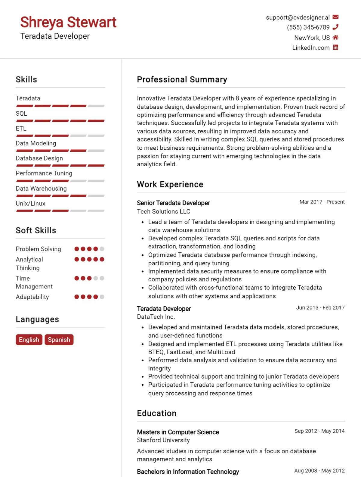 Teradata Developer CV Example For 2026: Expert Tips & Templates Preview