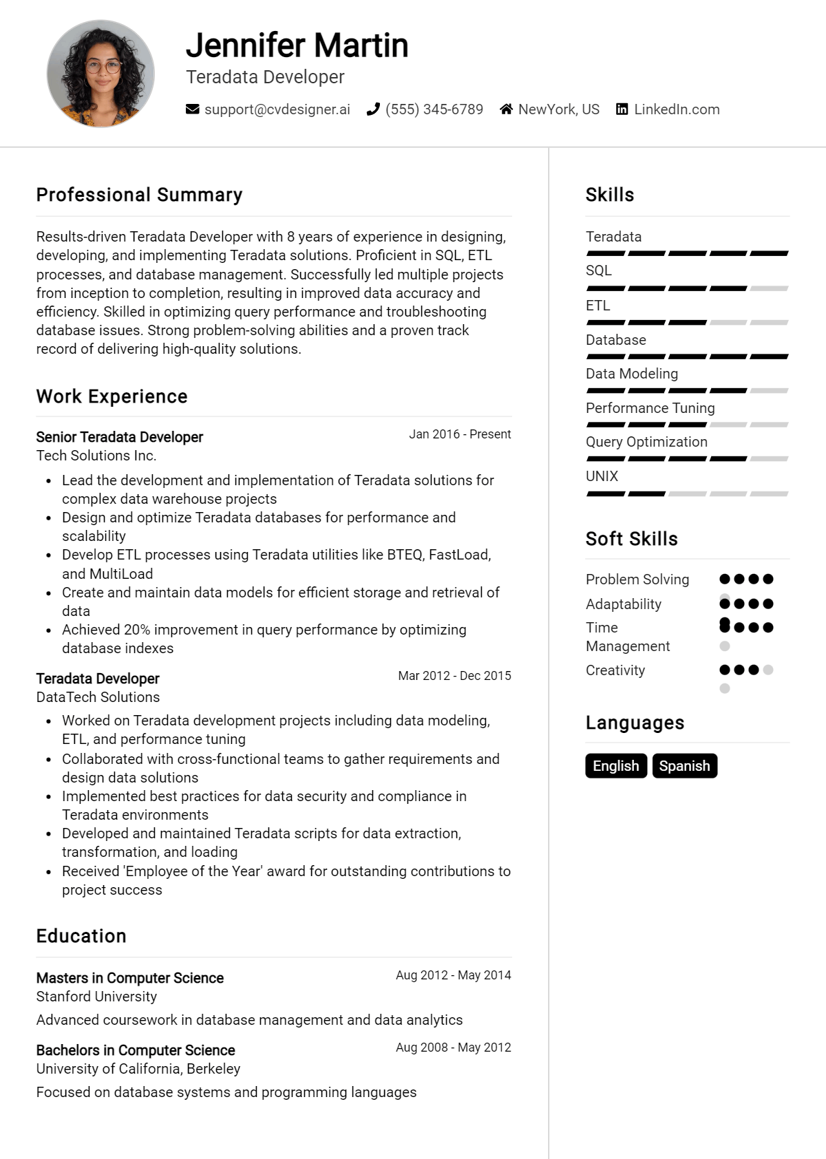 Teradata Developer Resume Example for 2026: Top CV Skills Preview
