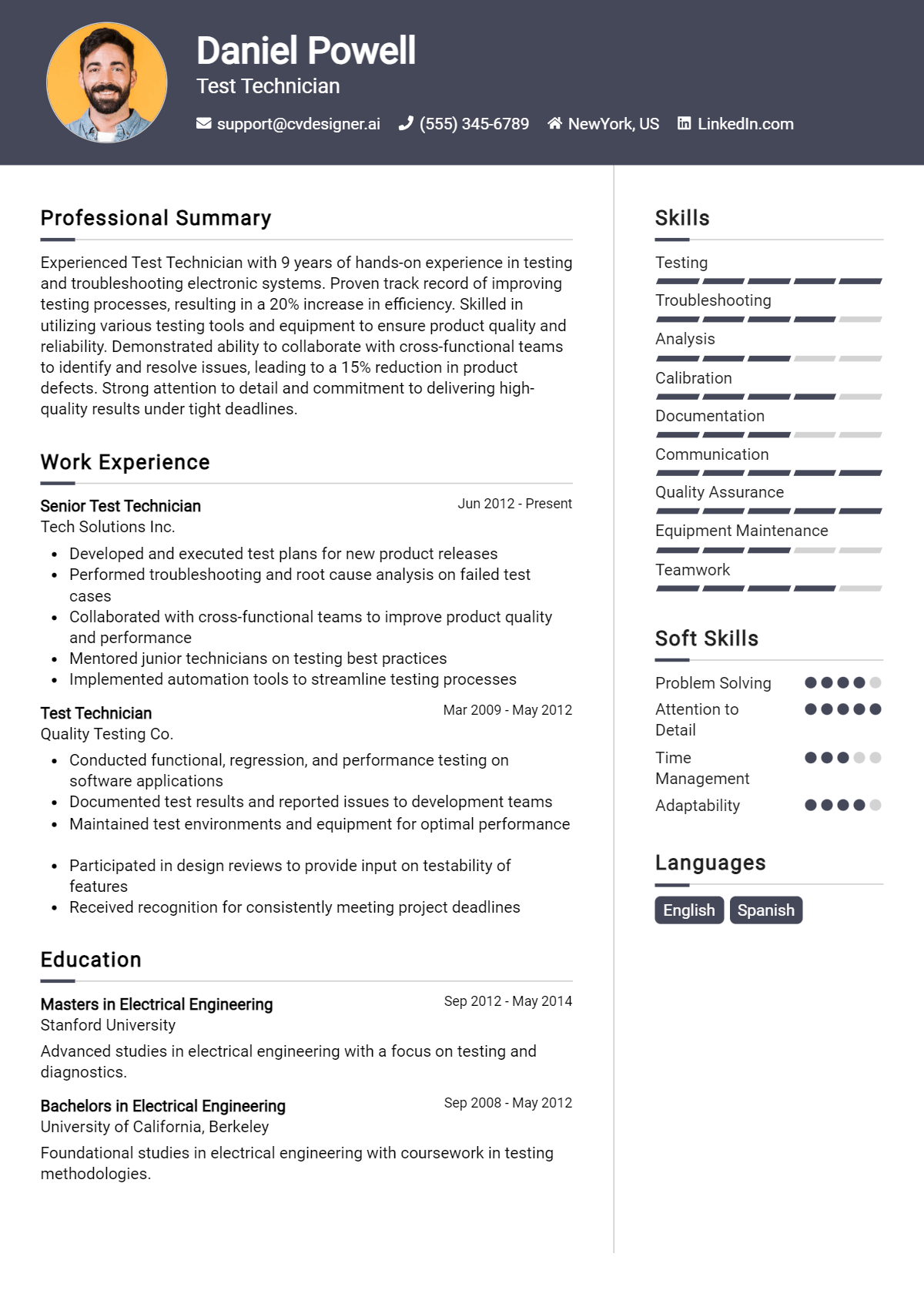Test Technician Resume Example for 2026: Free Professional Templates Preview