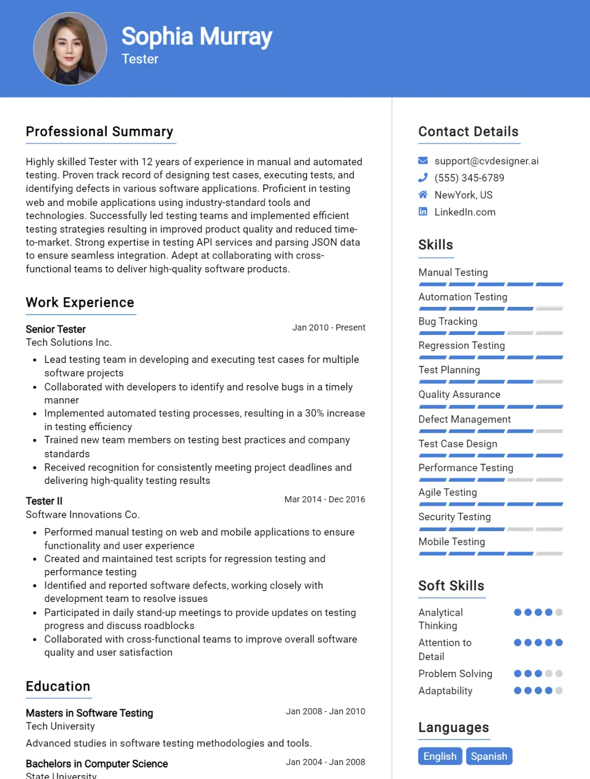 11 Tester CV Examples for 2026: Professional CV Templates Preview
