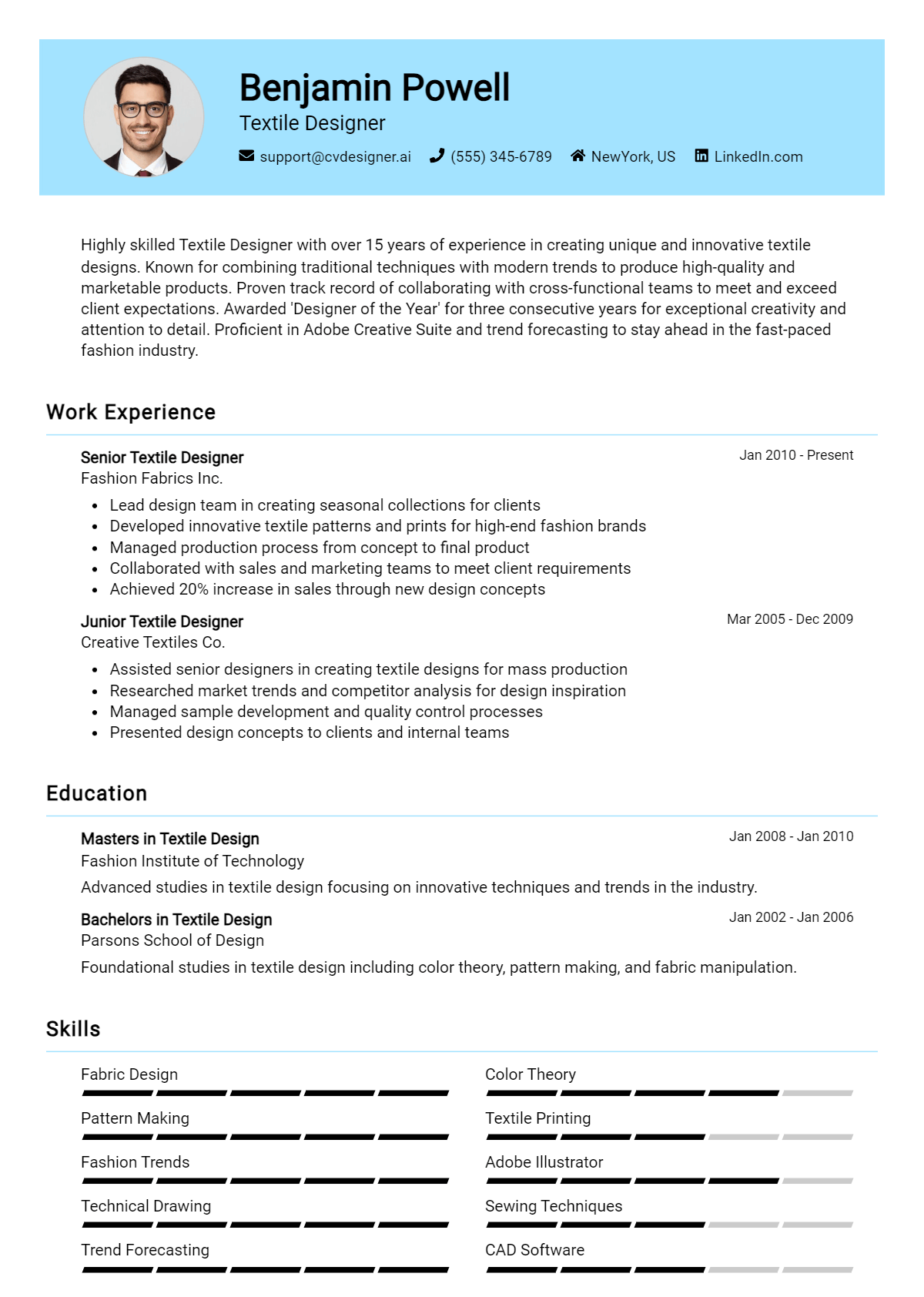 Textile Designer Resume Example for 2026: Ultimate Guide Preview