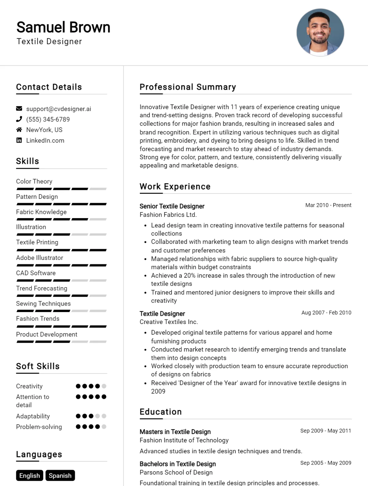 Textile Designer CV Example For 2026: Examples & Free Templates Preview