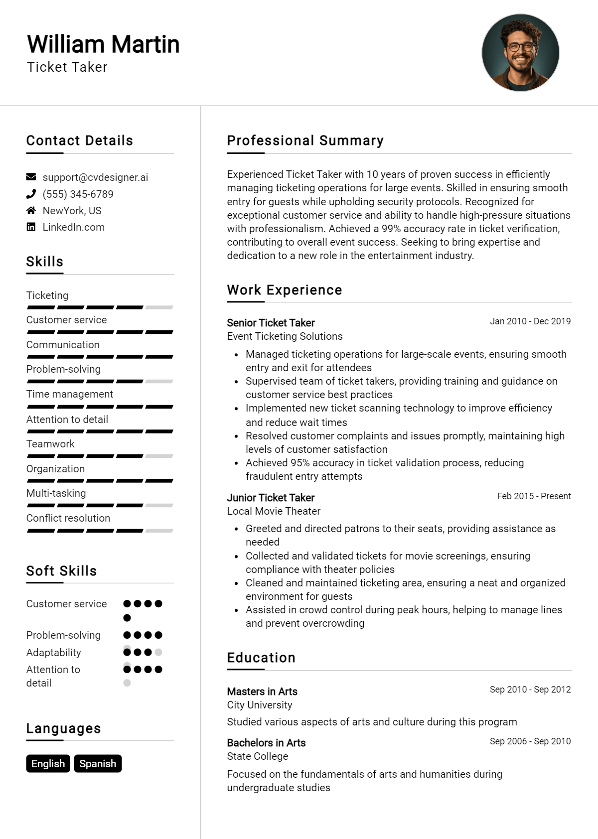 Ticket Taker Resume Example for 2026: Examples & Free Templates Preview