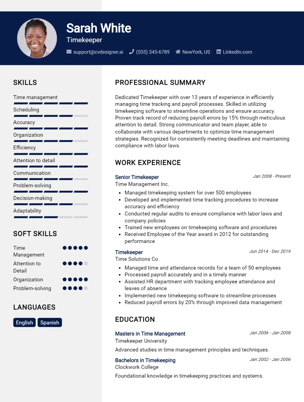 Timekeeper CV Example For 2026: Examples & Free Templates Preview