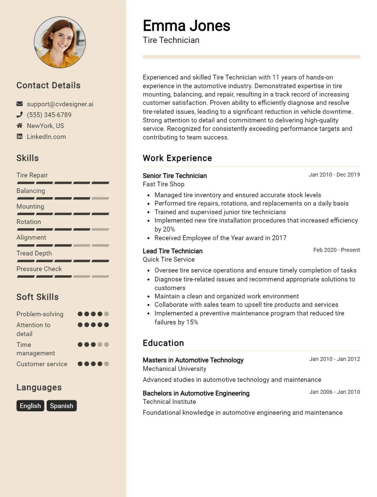 Tire Technician CV Example For 2026: Free Downloadable Templates Preview