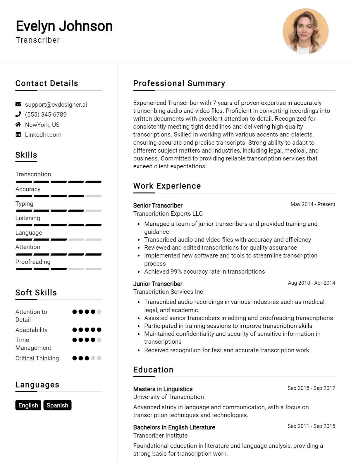Transcriber CV Example For 2026: Free Professional Templates Preview