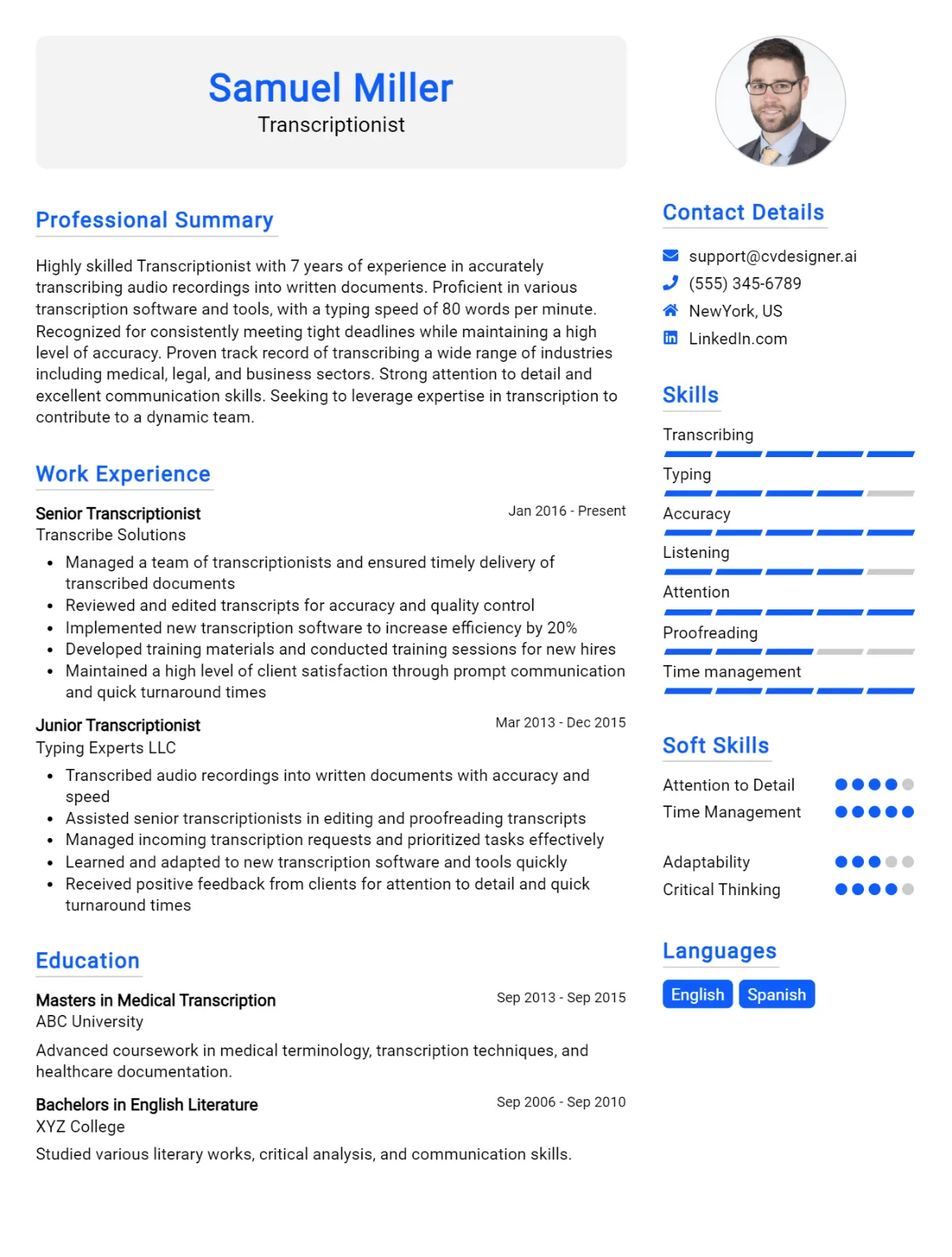 Transcriptionist CV Example For 2026: Professional CV Templates Preview