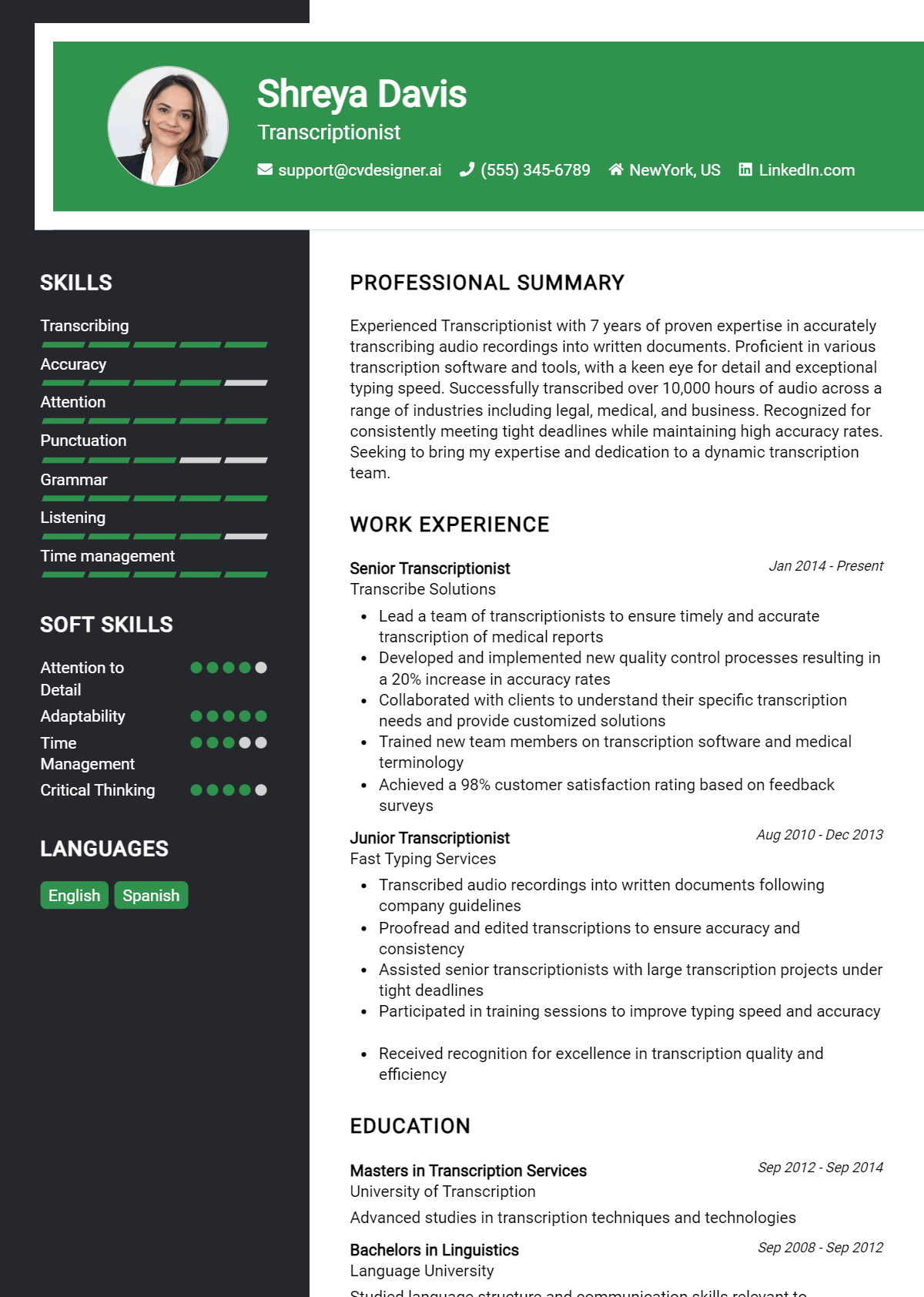 Transcriptionist Resume Example for 2026: Examples & Free Templates Preview