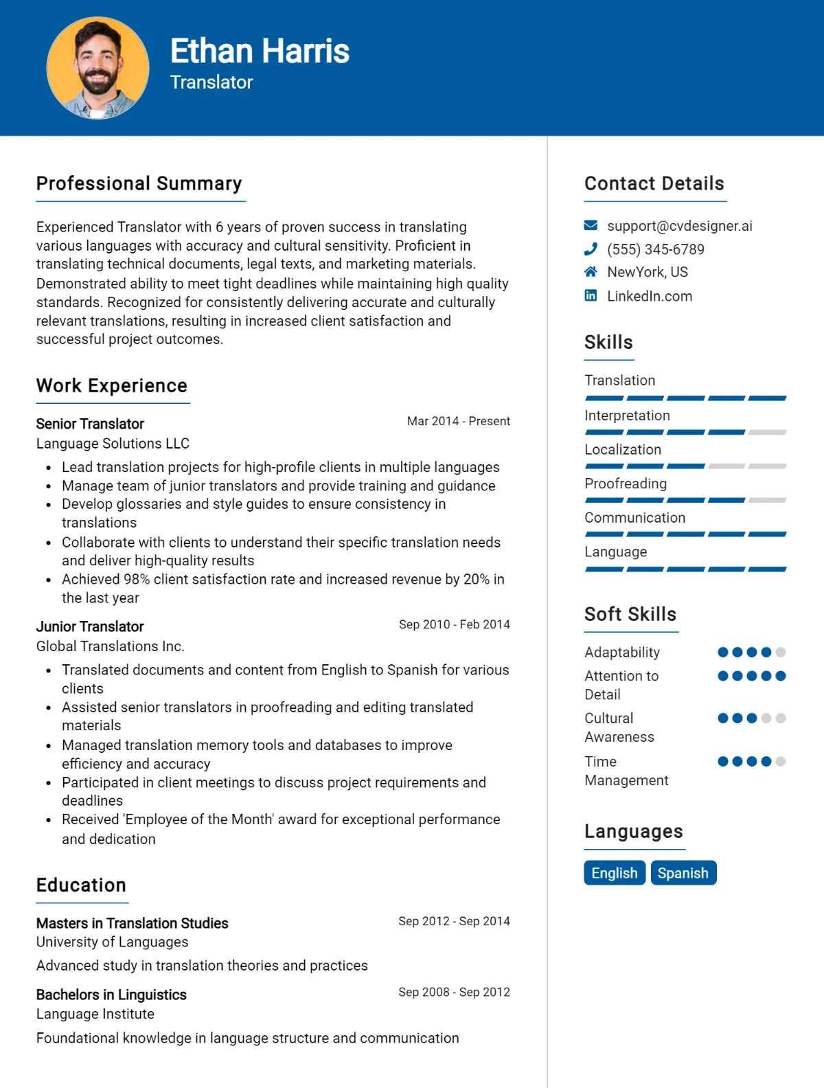 Translator CV Example For 2026: Free Downloadable Templates Preview