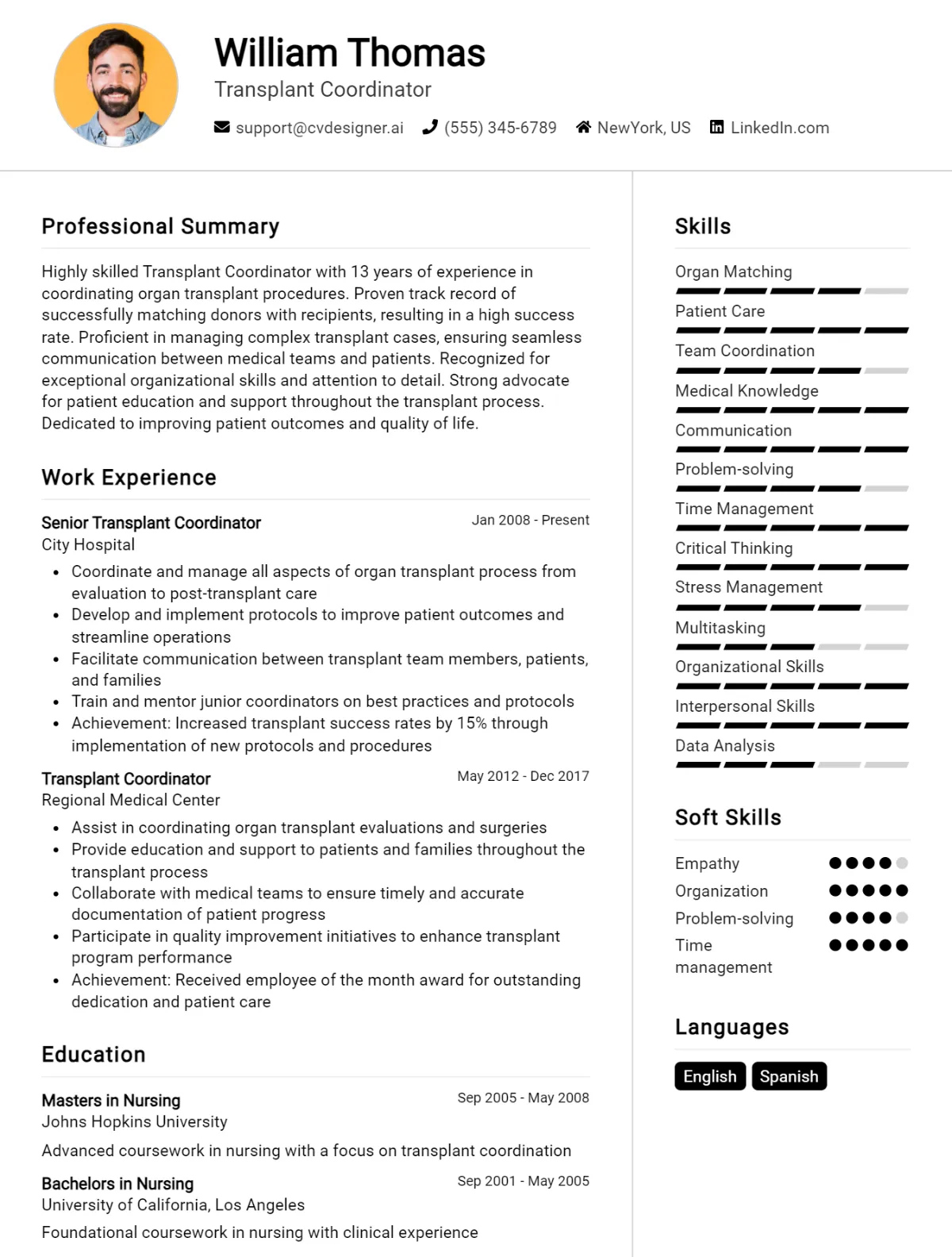 Transplant Coordinator CV Example For 2026: Professional CV Templates Preview