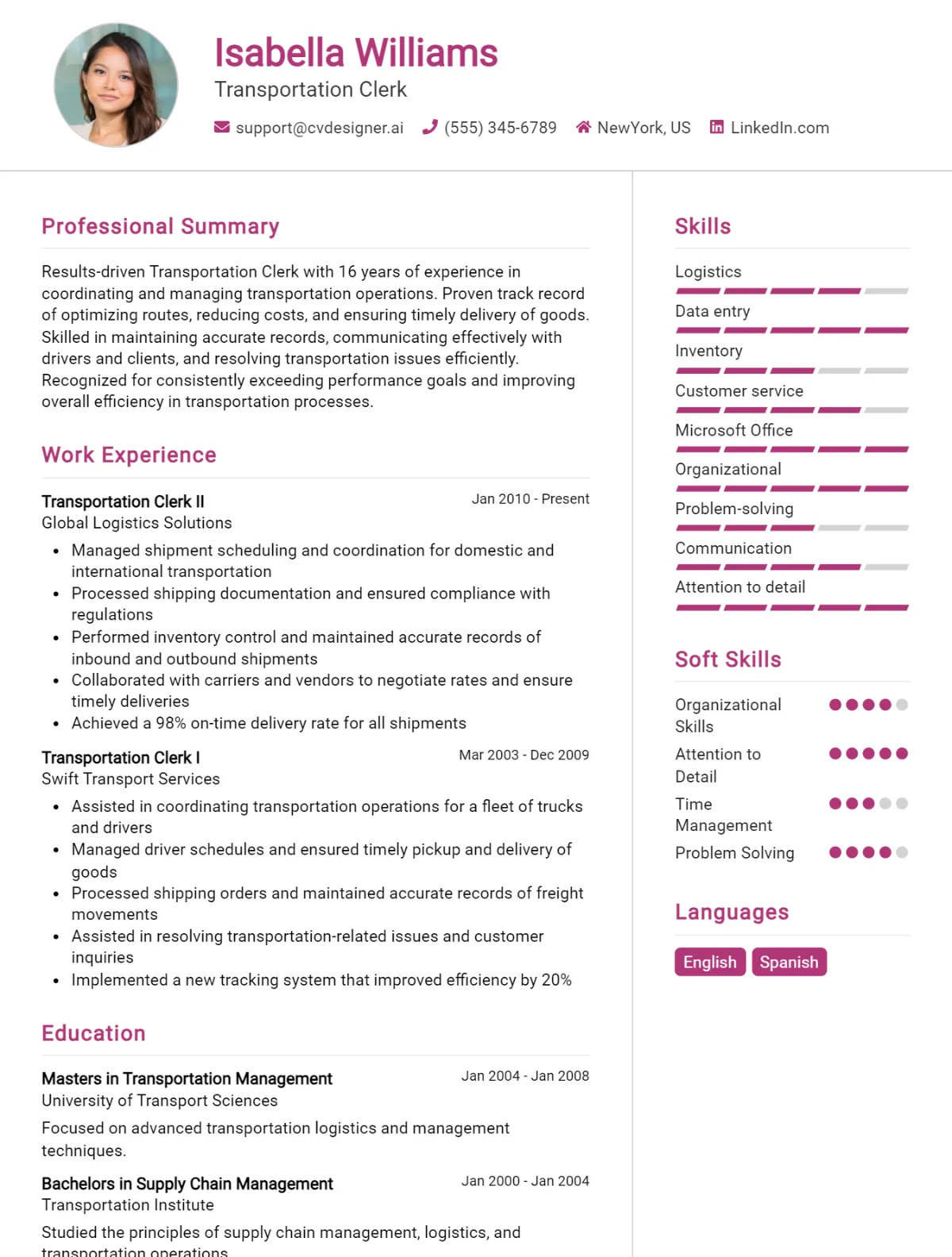 Transportation Clerk CV Example For 2026: Top CV Skills Preview