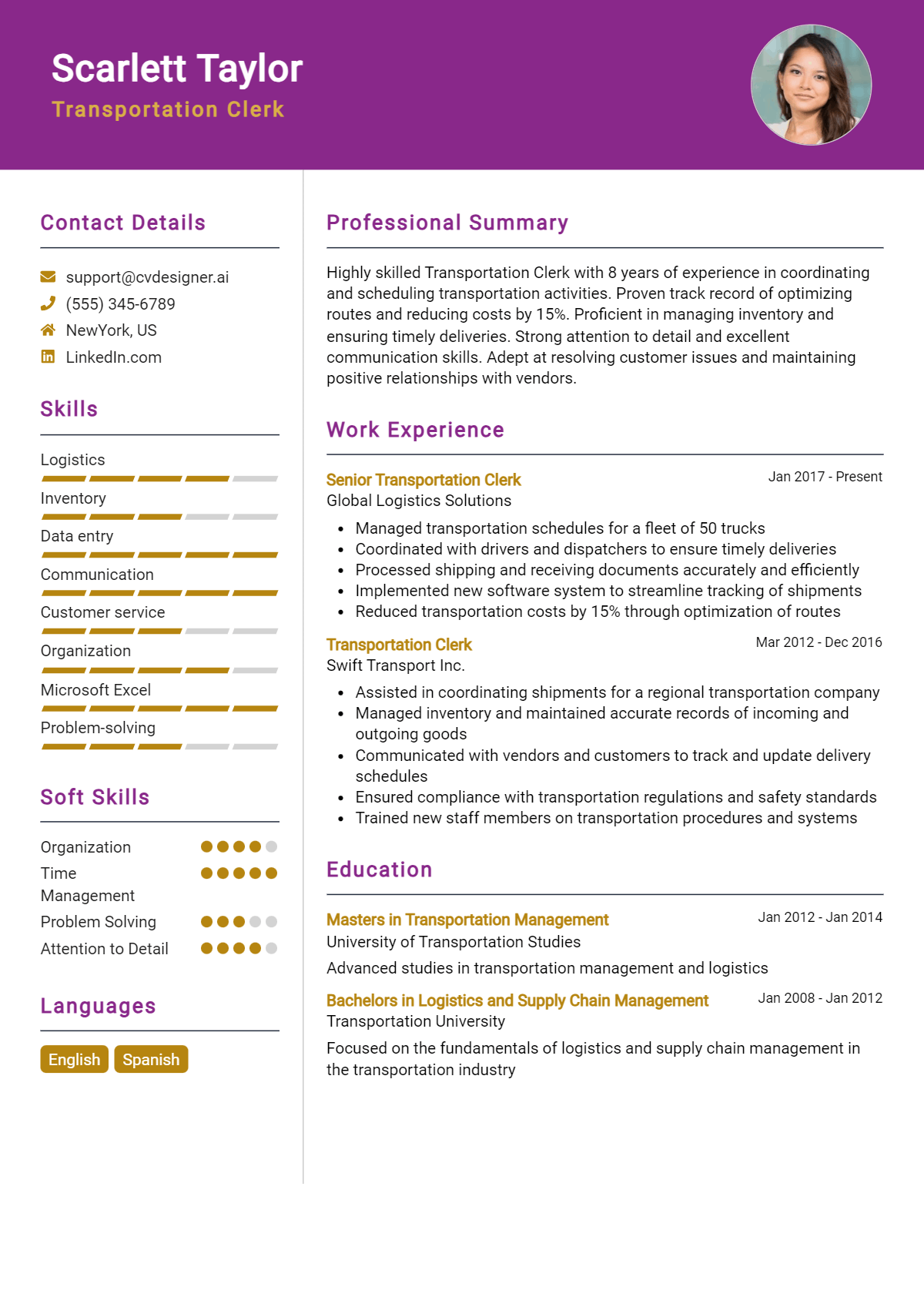 8 Transportation Clerk Resume Examples for 2026: How to Craft a Winning CV Preview