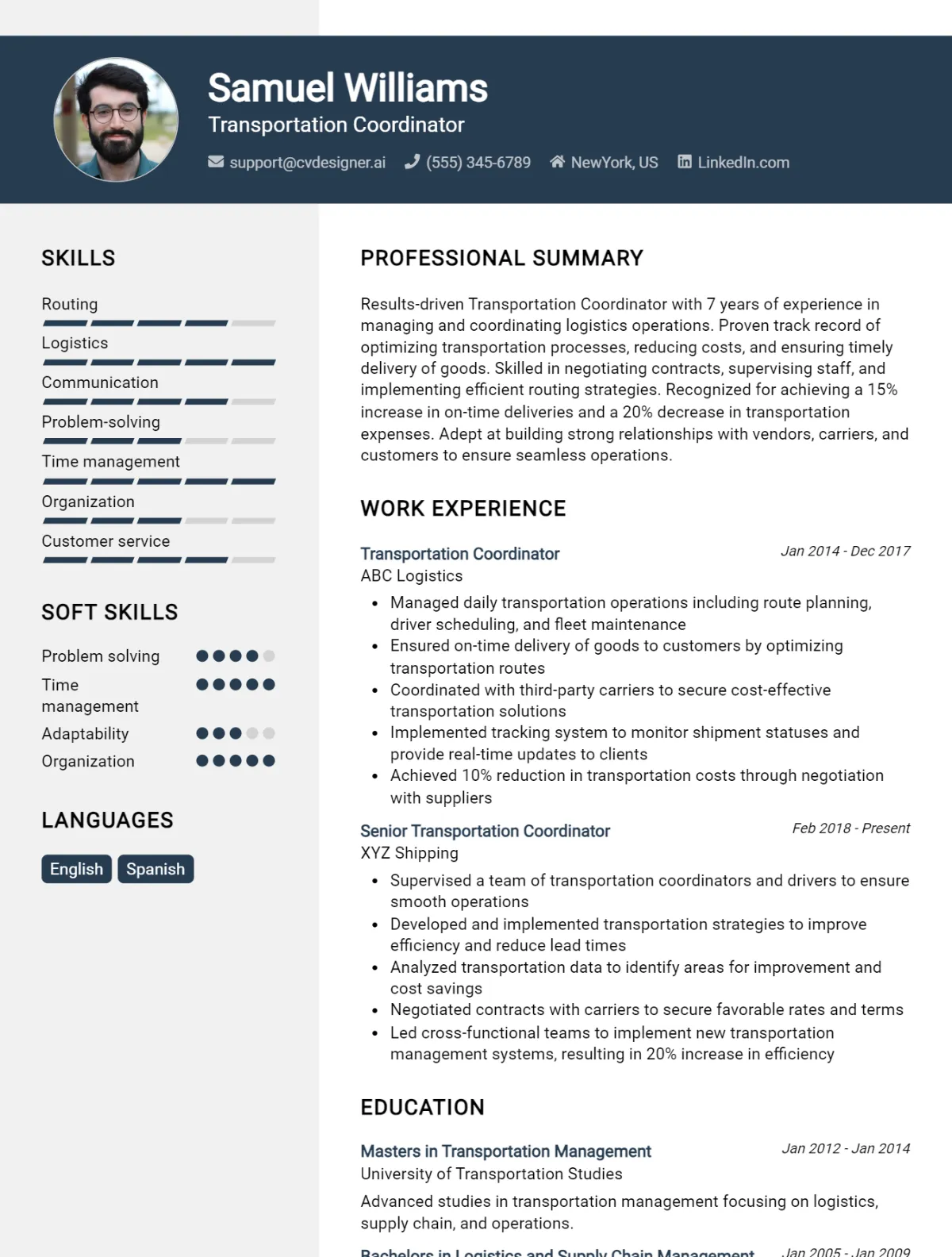 Transportation Coordinator CV Example For 2026: Free Professional Templates Preview