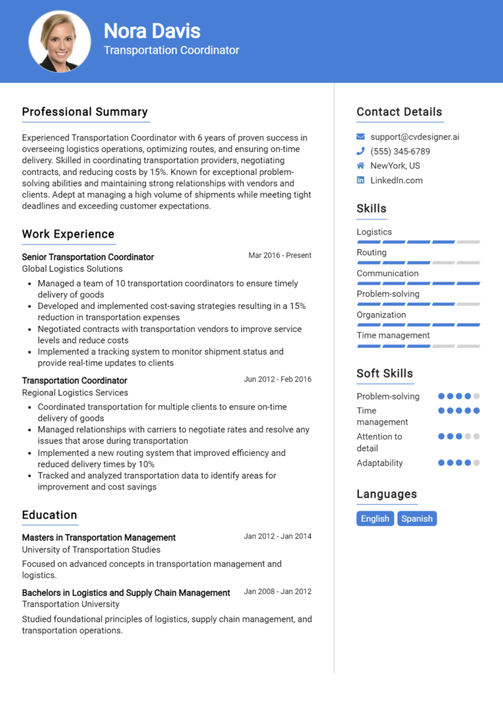 Transportation Coordinator Resume Example