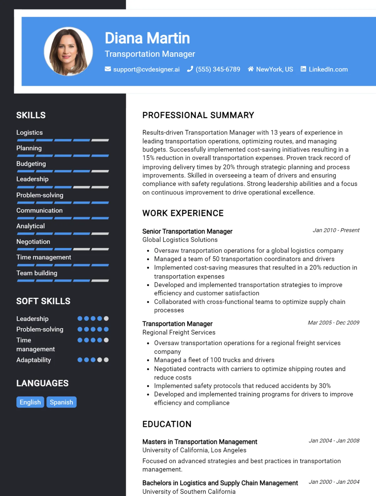 Transportation manager CV Example For 2026: Best Writing Guide Preview