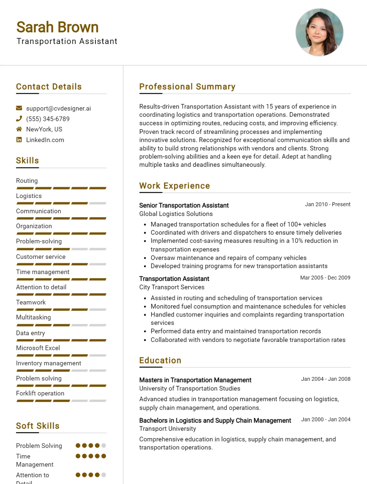 Transportation Assistant CV Example For 2026: Examples & Free Templates Preview