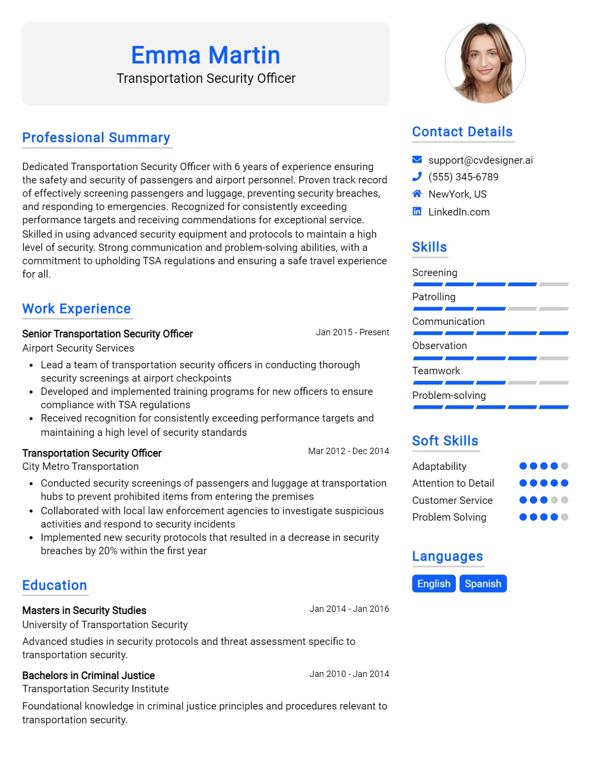 Transportation Security Officer CV Example For 2026: Examples & Free Templates Preview