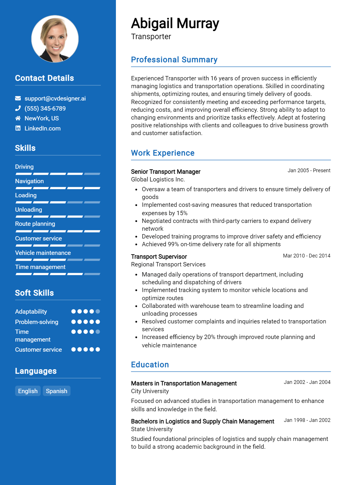 Transporter Resume Example for 2026: Top CV Skills Preview