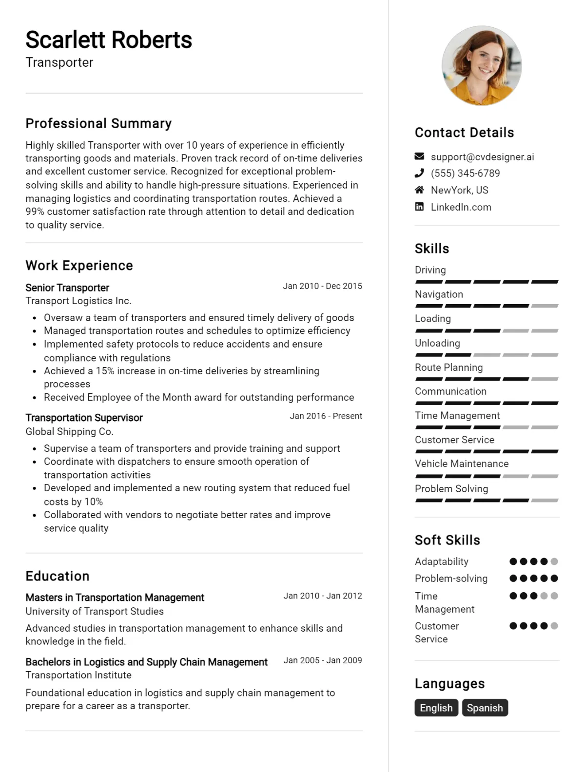 Transporter CV Example For 2026: Free Downloadable Templates Preview