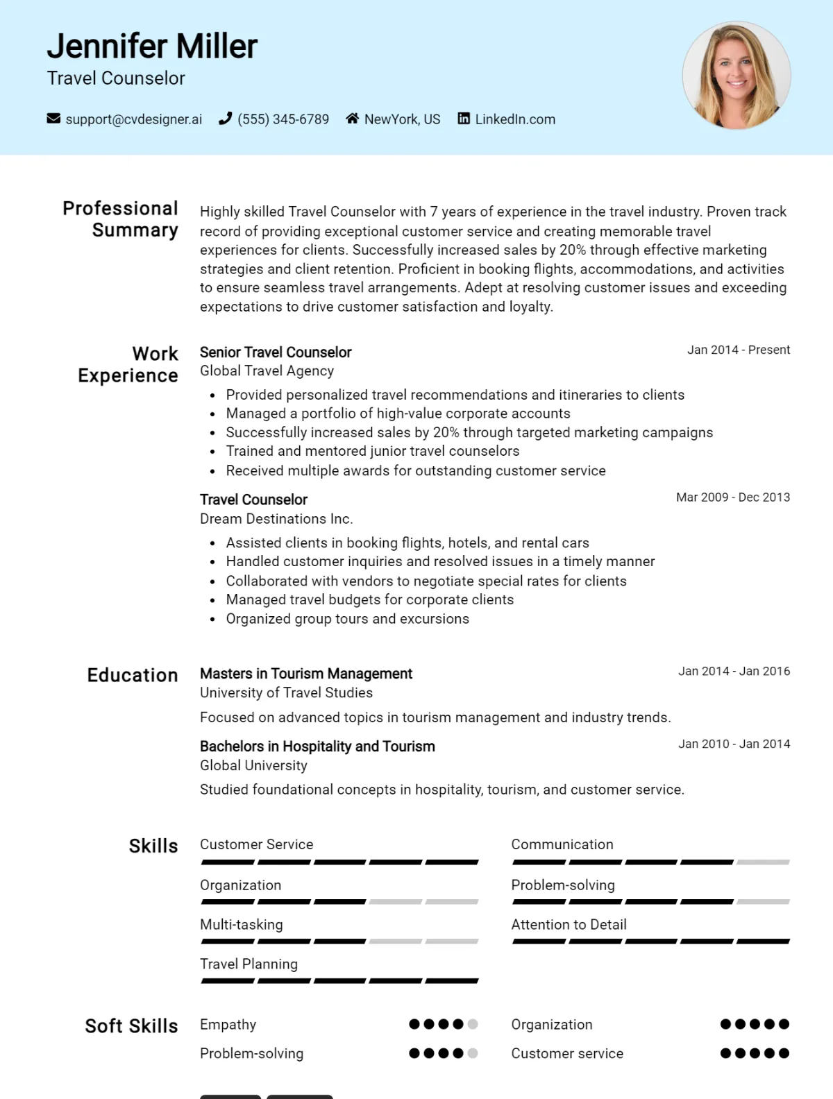 Travel Counselor CV Example For 2026: Professional CV Templates Preview