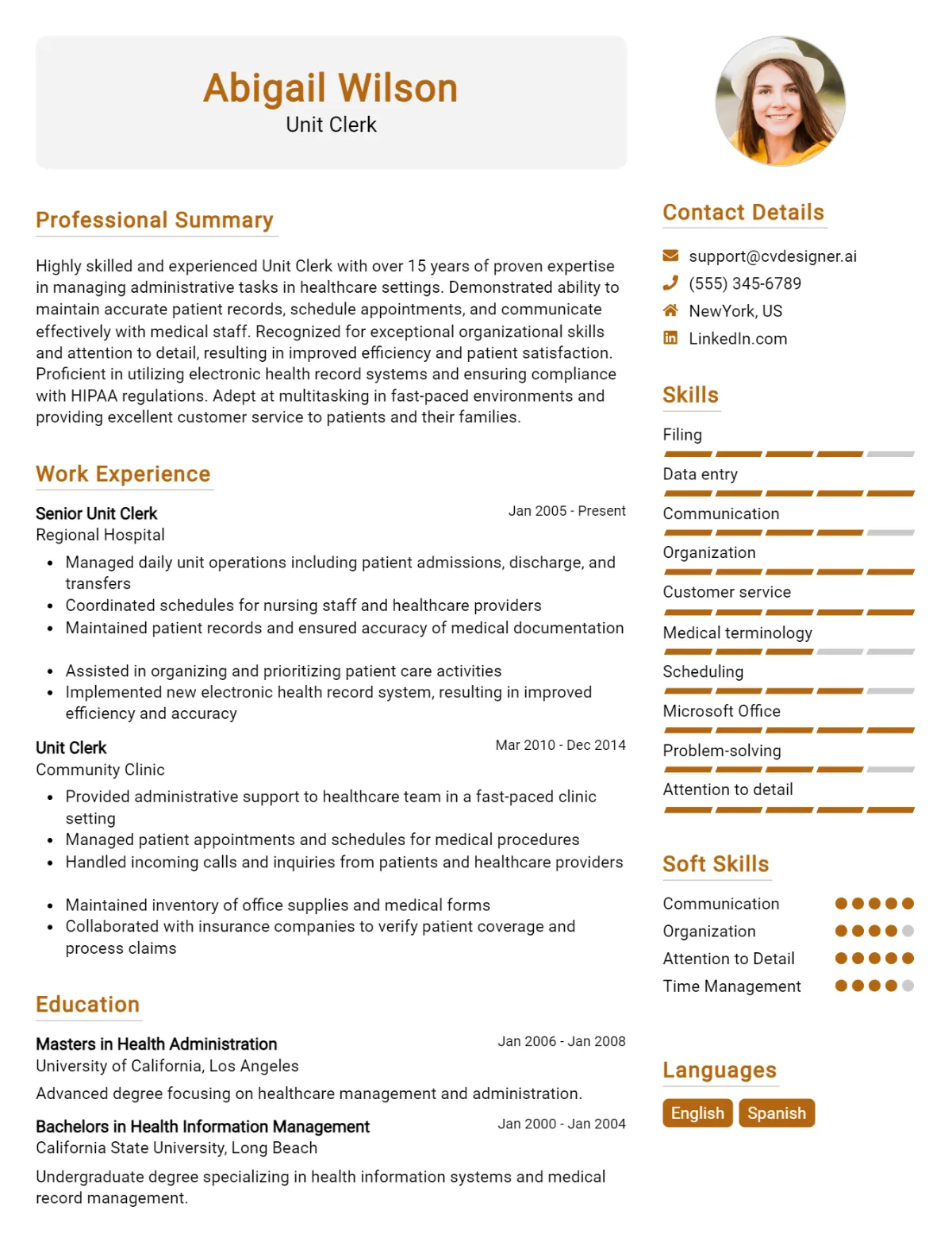 Unit Clerk CV Example For 2026: Examples & Free Templates Preview